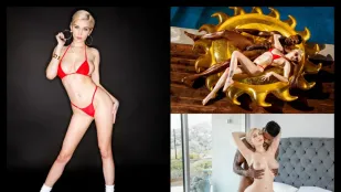 短髮模特儿斯凯·布鲁用她的大胸部自慰，并骑在黑人巨根上
